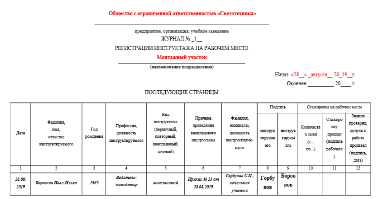 Регистрация инструктажа на рабочем месте образец заполнения