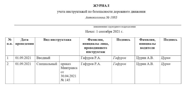 Специальный инструктаж по бдд для водителей образец